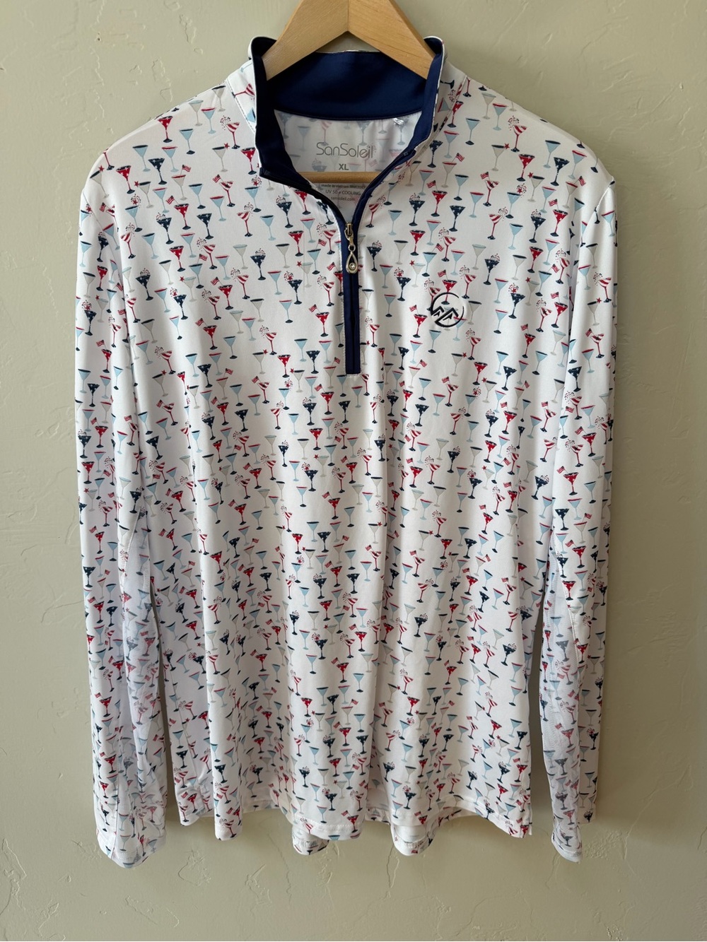 SanSoleil Lady Golf UV 50+ Cooling Long Sleeve Martini Print 1/4 Zip Sz XL LOGO